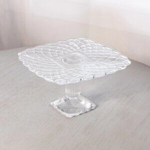 Vintage LE Smith Small Square Clear Glass Trellis Cake Stand